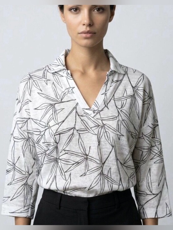 Cynthia Rowley Tops - Cynthia Rowley size L 3/4 Sleeve Black and White Linen Top with Leaf Print